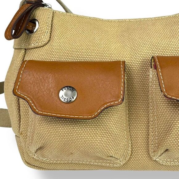 Fossil 1954 Vintage Y2K 90s Canvas Leather Crossbody Bag Front Flap Pockets - Picture 4 of 12